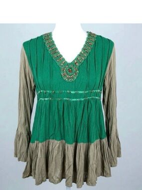 Boho Peasant Top – Emerald Green & Khaki Crochet Beaded Neckline- 70s Festival